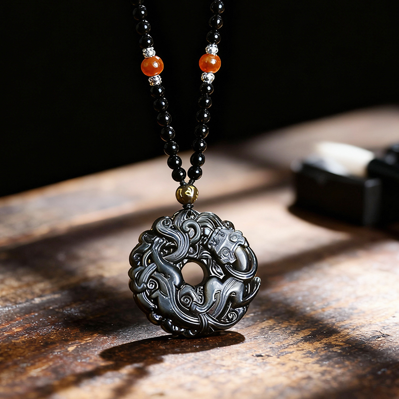 Obsidian Pixiu Peace Buckle Pendant Necklace, Natural Gold Obsidian - Image 3