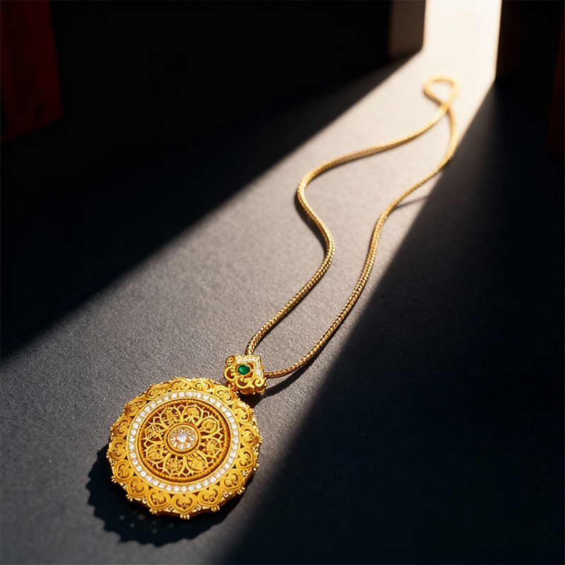 Sand Gold Diamond - Inlaid Filigree Ruyi Rotatable Eight Treasures Compass Pendant Necklace - Image 4