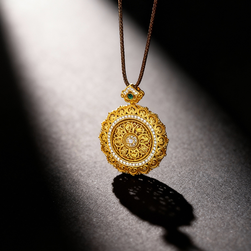 Sand Gold Diamond - Inlaid Filigree Ruyi Rotatable Eight Treasures Compass Pendant Necklace