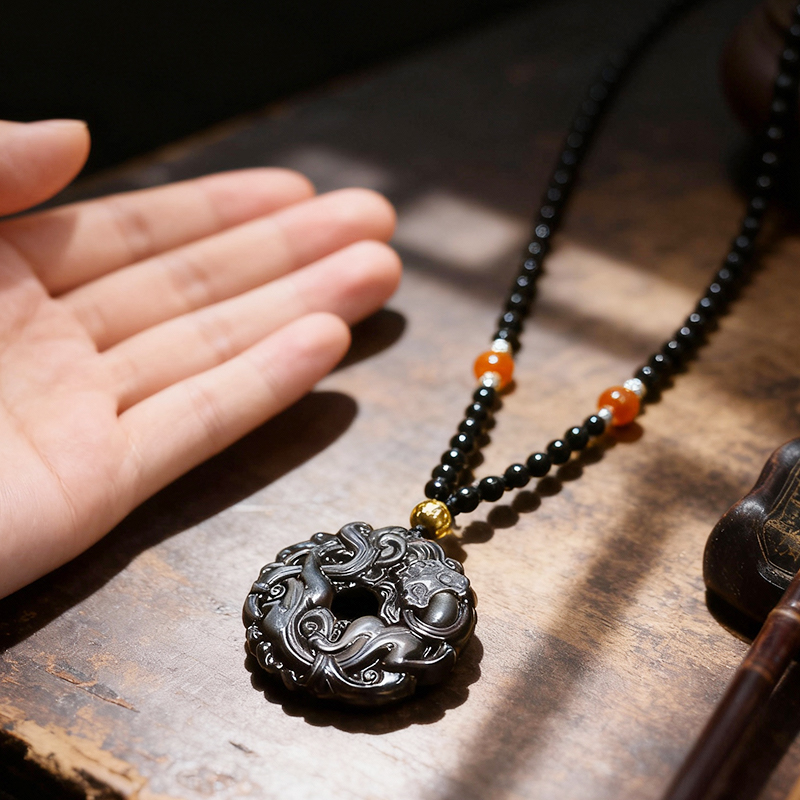 Obsidian Pixiu Peace Buckle Pendant Necklace, Natural Gold Obsidian - Image 4