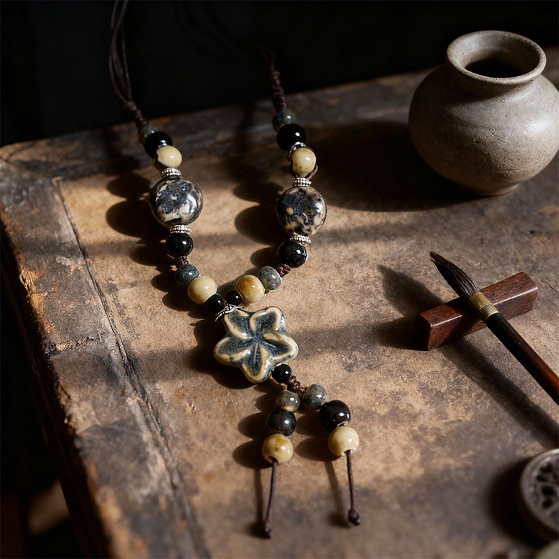 Vintage Ceramic Flower Beaded Pendant Necklace