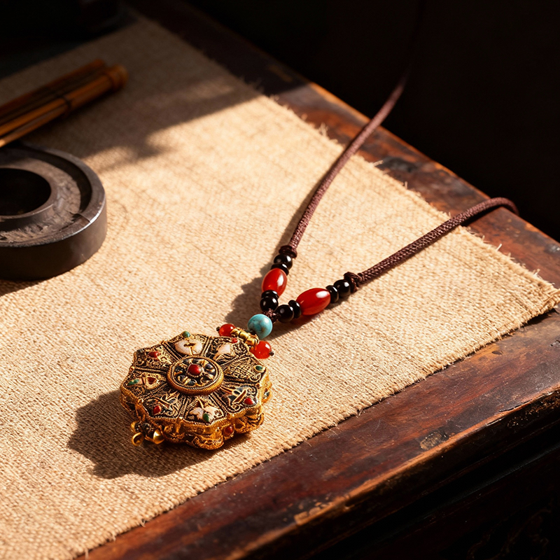 Vintage Ethnic - Style Six - Syllable Mantra Lotus - Shaped Auspicious Openable Necklace Pendant