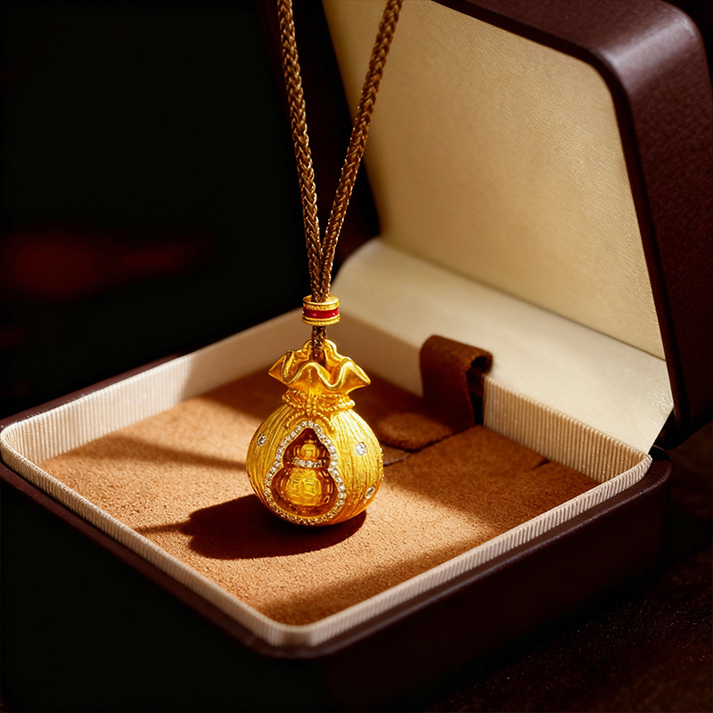 Rotatable Gourd Sand Gold Fortune Bag Pendant Necklace - Image 3