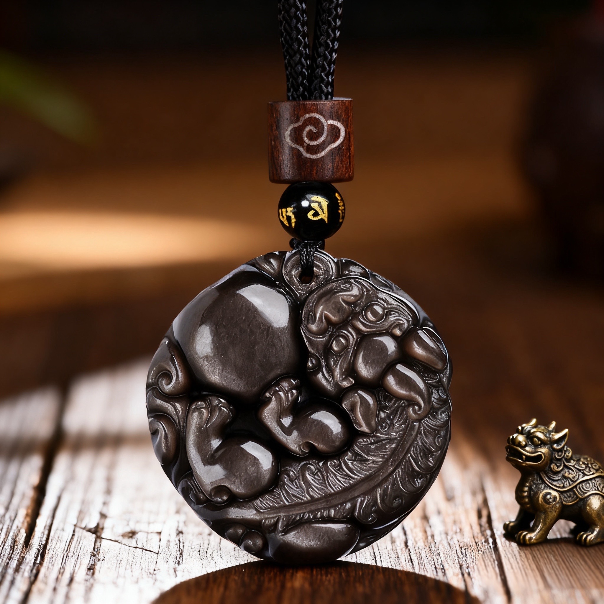 Natural rainbow eye obsidian pi xiu pendant jade necklace men's and women's couple pendant - Image 2
