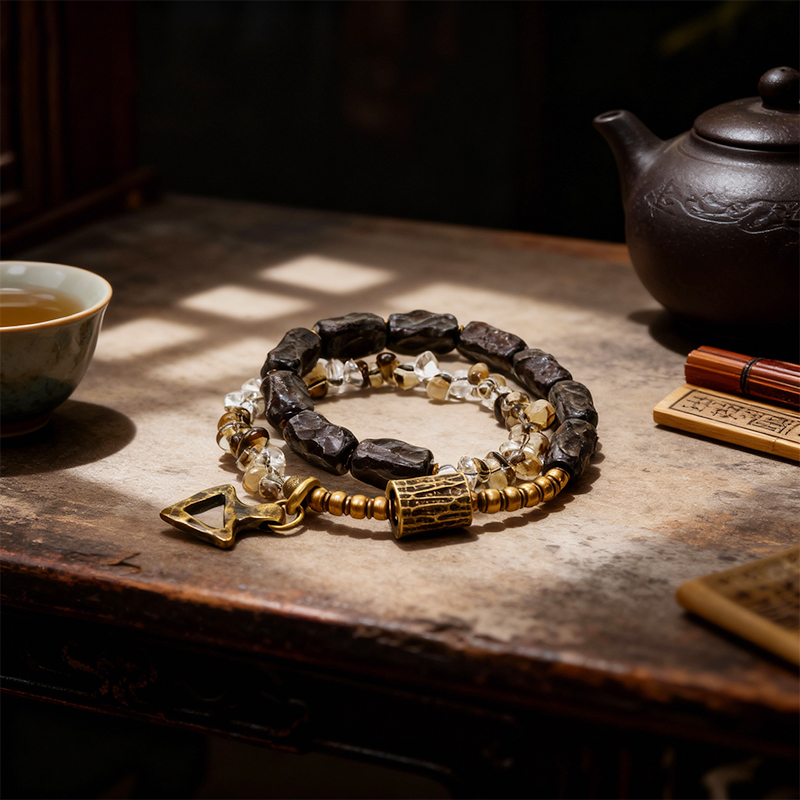 Handmade Black Sandalwood Beaded Bracelet with Smoky Quartz
