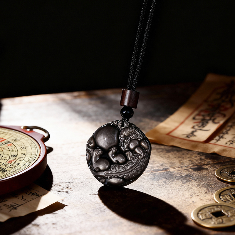 Natural rainbow eye obsidian pi xiu pendant jade necklace men's and women's couple pendant - Image 3