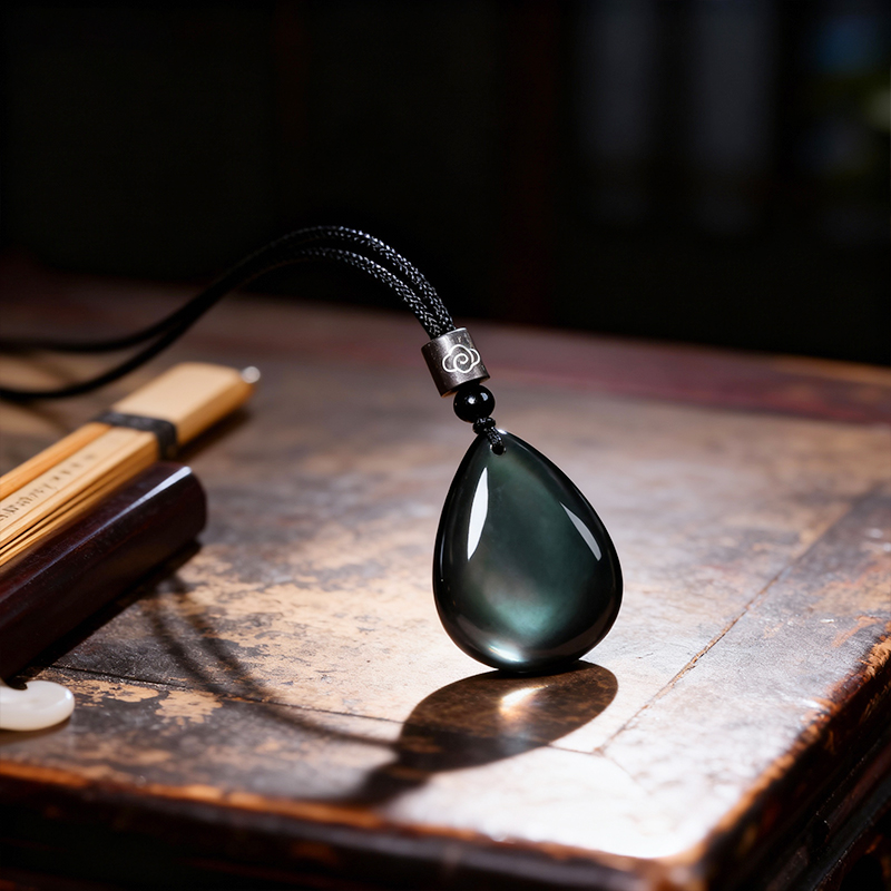 Natural Rainbow Eye Obsidian Water Drop Pendant Necklace