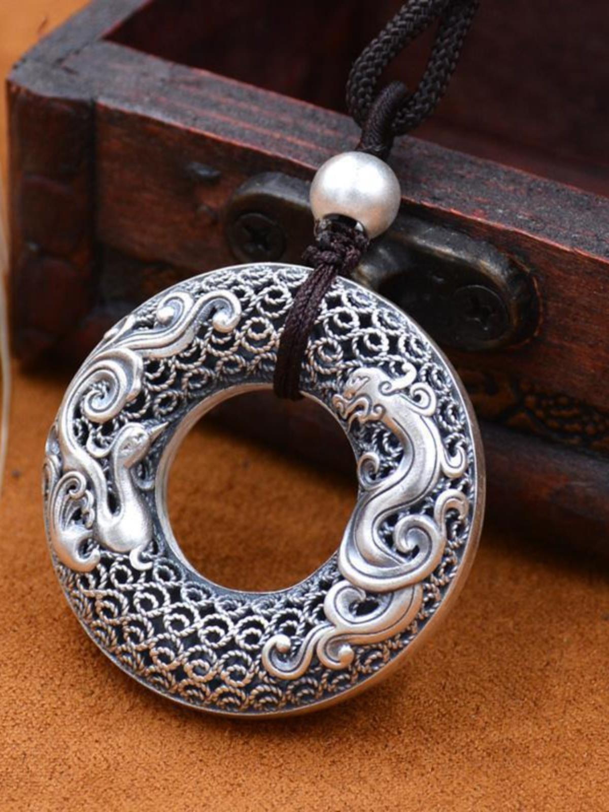 Ethnic - Style Dragon and Phoenix Peace Buckle Pendant Necklace with Six - Syllable Mantra - Image 4