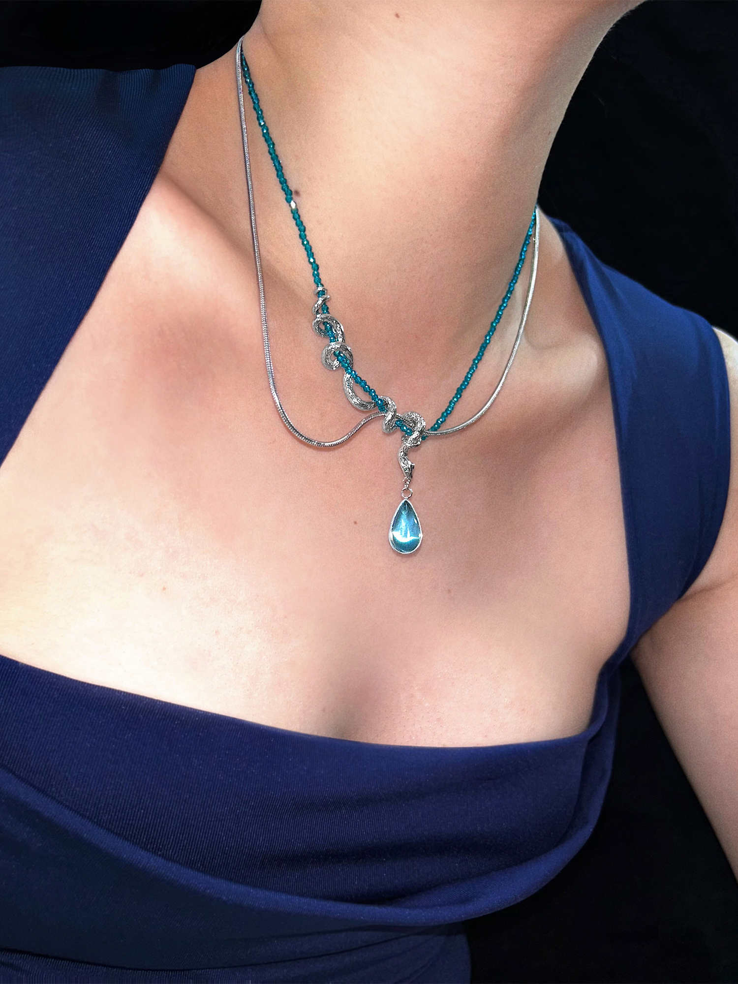 Snake - Design Teal Crystal Necklace - Image 4