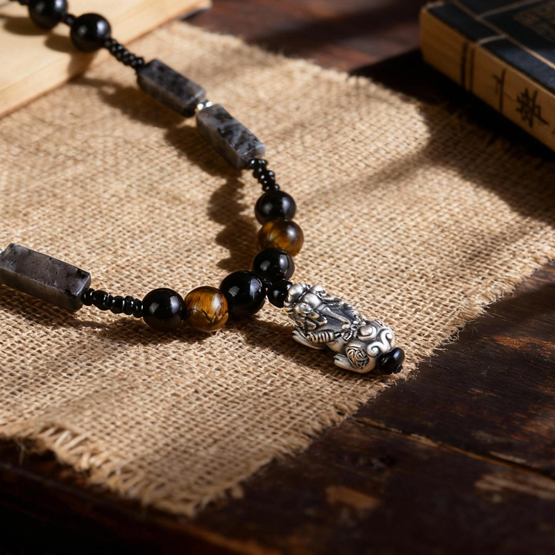 Pixiu Pendant Obsidian & Tiger Eye Stone Choker Necklace