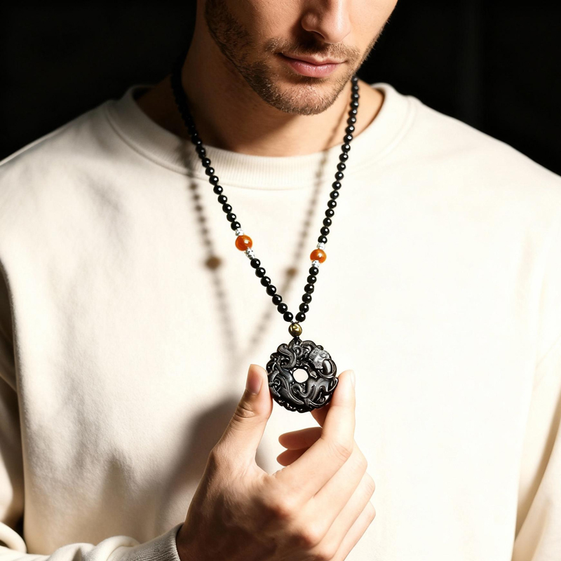 Obsidian Pixiu Peace Buckle Pendant Necklace, Natural Gold Obsidian - Image 5