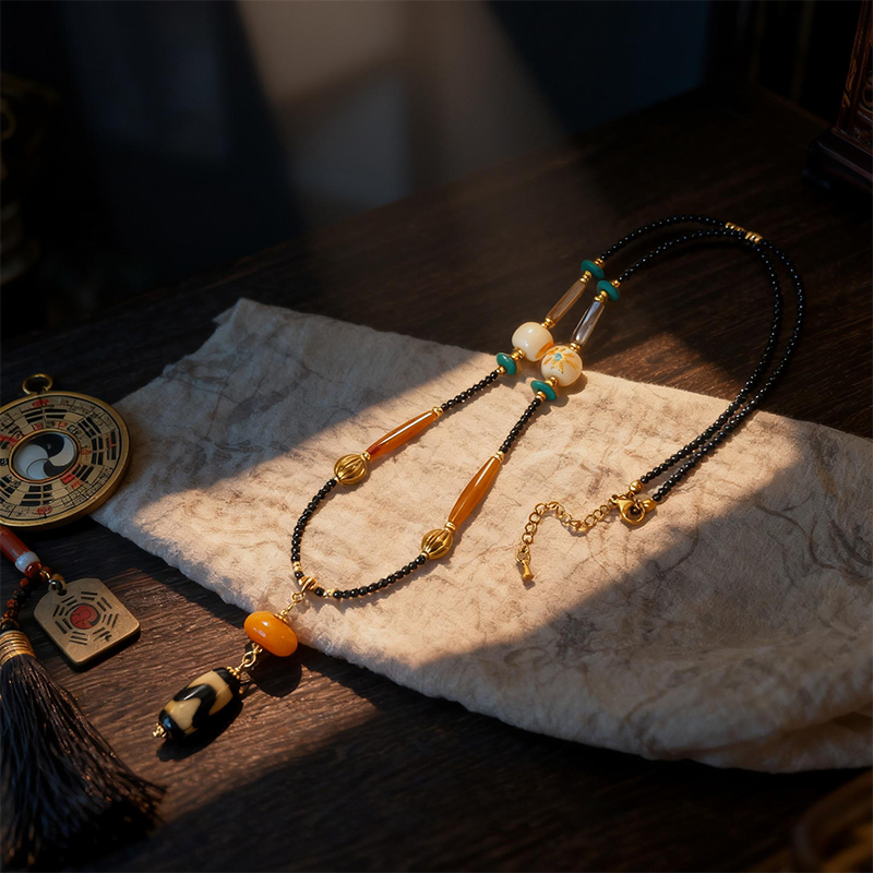 Tiger - Tooth Dzi Bead Amber Beaded Necklace