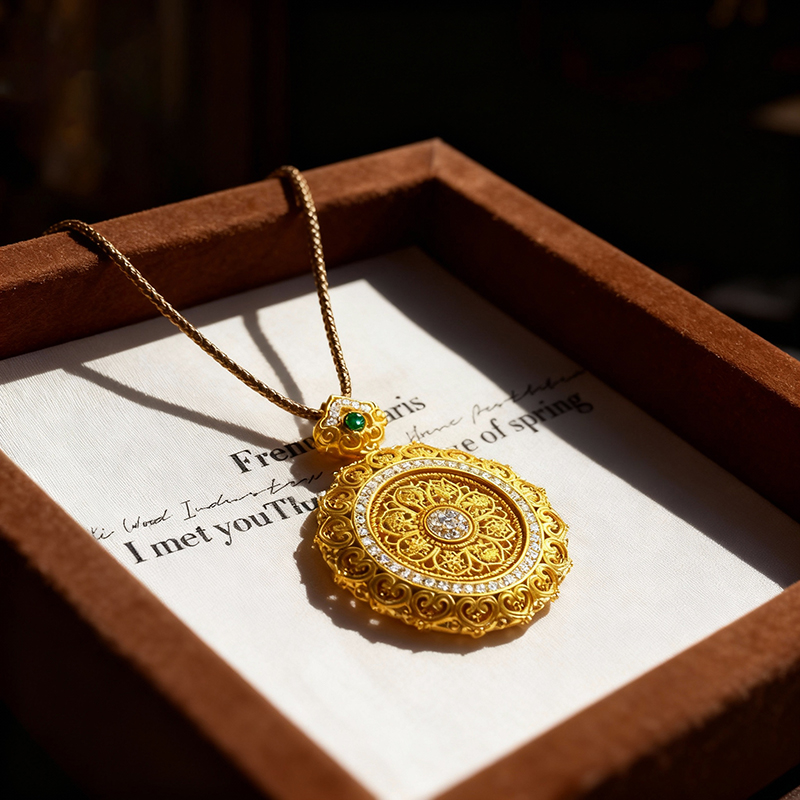 Sand Gold Diamond - Inlaid Filigree Ruyi Rotatable Eight Treasures Compass Pendant Necklace - Image 3