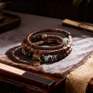 Green Sandalwood Square Bead Three - Layer Bracelet, Fragrant Wood