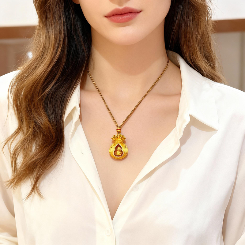Rotatable Gourd Sand Gold Fortune Bag Pendant Necklace - Image 4