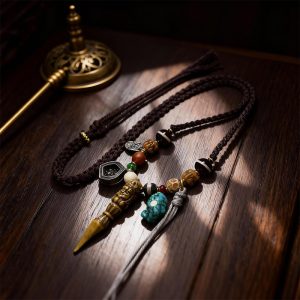 Mahakala Vajra Pestle Pendant with Agate and Yak Bone Braided Necklace