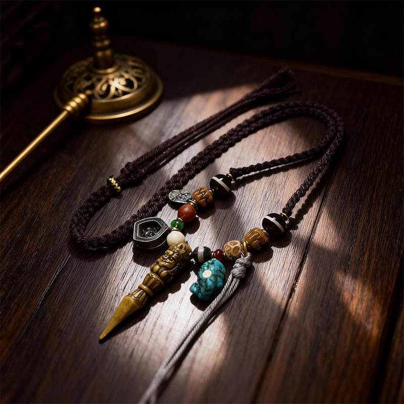 Mahakala Vajra Pestle Pendant with Agate and Yak Bone Braided Necklace