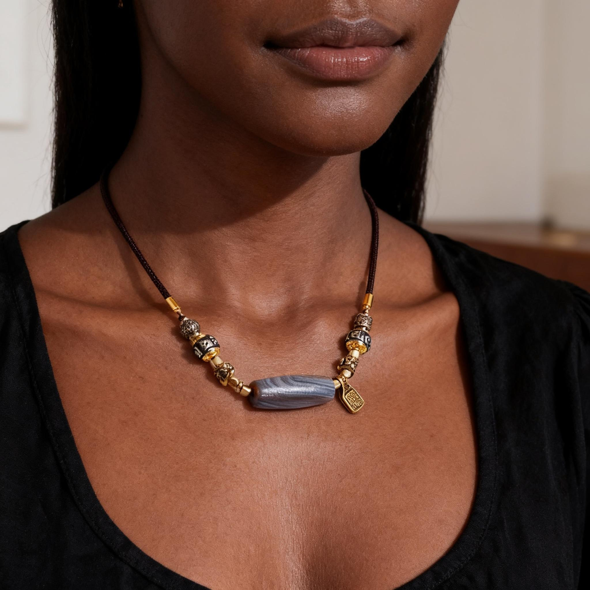 Blue - Tinted Agate Necklace Cord Ethnic - Style Jewelry - Image 5