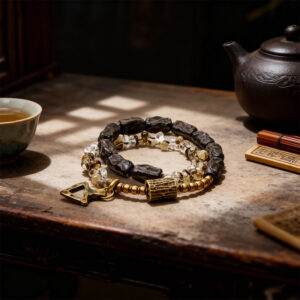 Handmade Black Sandalwood Beaded Bracelet with Smoky Quartz