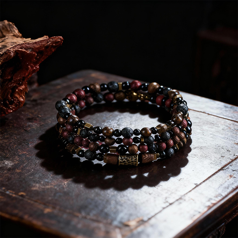 Obsidian & Volcanic Stone Beaded Bracelet