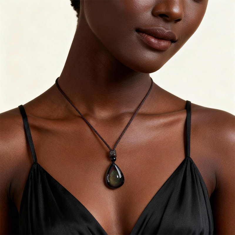 Natural Rainbow Eye Obsidian Water Drop Pendant Necklace - Image 4