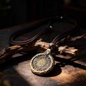 Brass Nine - Palace Eight - Trigrams Pendant with Hand - Woven Cord