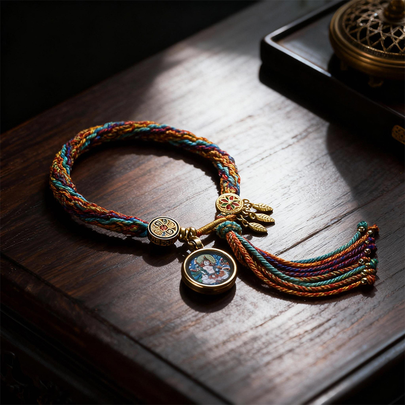 Five-Color Rope Thangka Braided Bracelet with Six-Syllable Mantra Charm