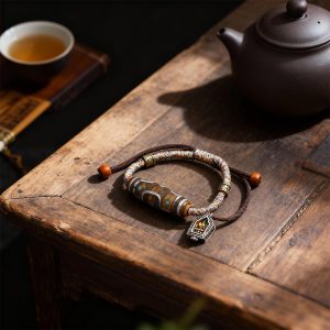 Multi-Treasure Inlaid Dzi Bead Braided Bracelet with Yak Bone and Gau Box