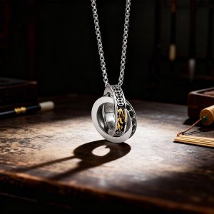 Double - Ring Pixiu Necklace with Gilded - Titanium Steel