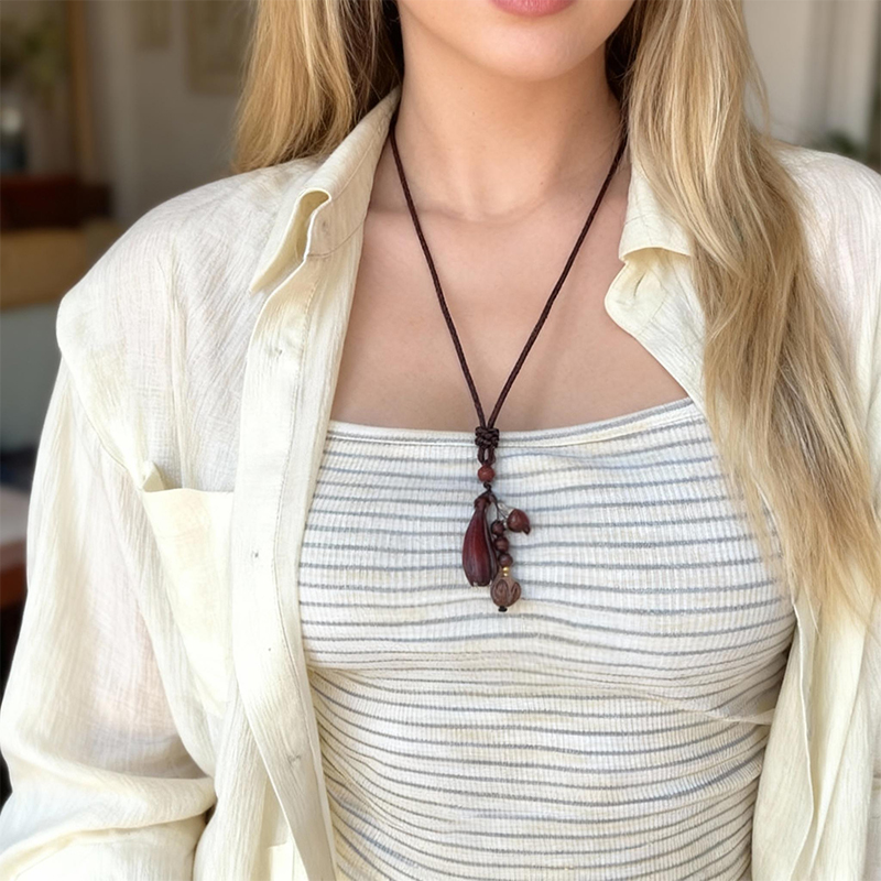 Wooden Magnolia Flower Pendant Braided Necklace - Image 5