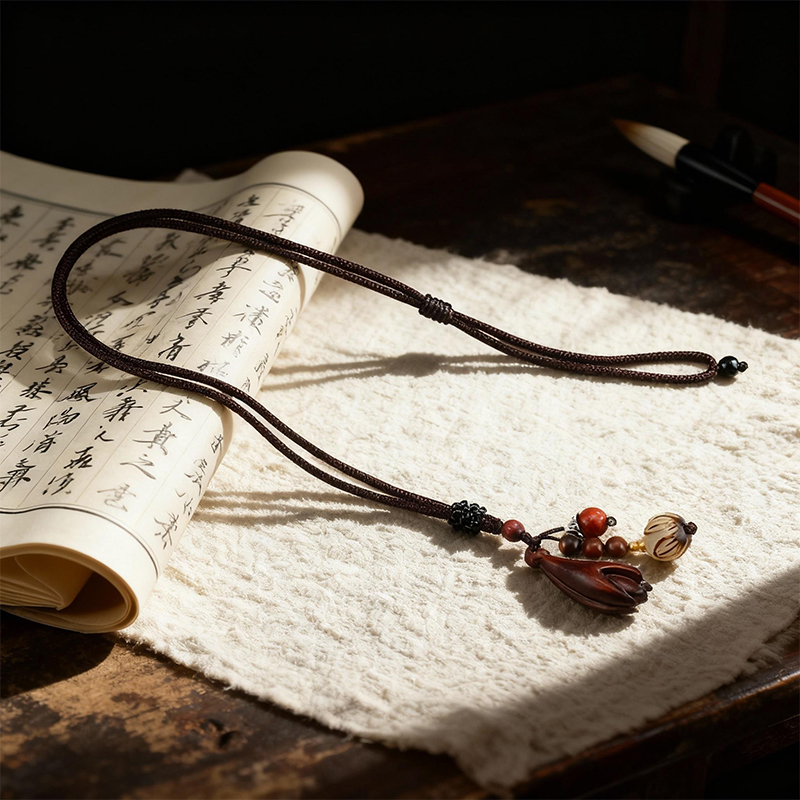 Wooden Magnolia Flower Pendant Braided Necklace - Image 3