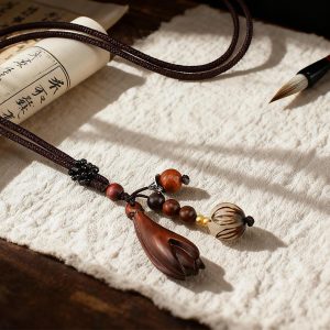 Wooden Magnolia Flower Pendant Braided Necklace