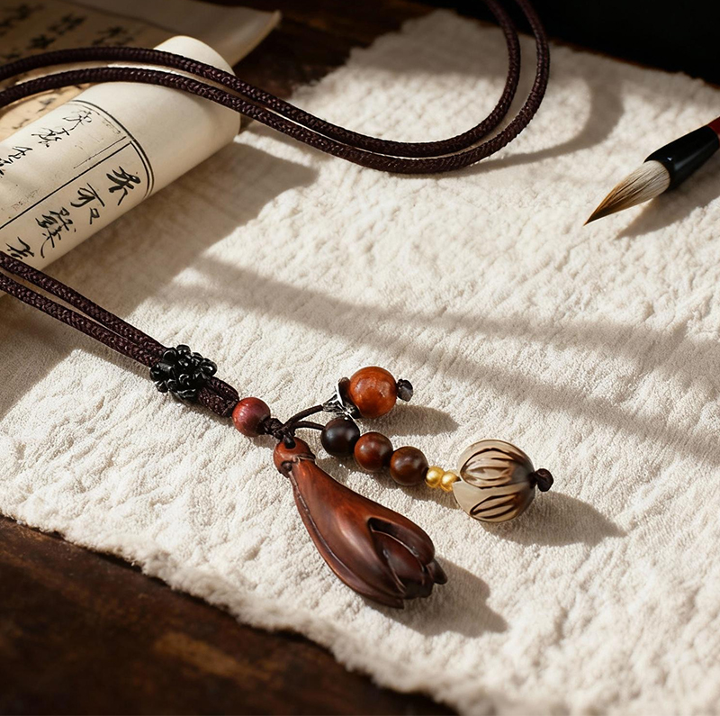 Wooden Magnolia Flower Pendant Braided Necklace