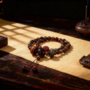 Double-Wrap Sandalwood & Cinnabar Bracelet with Fretwork Fortune Beads