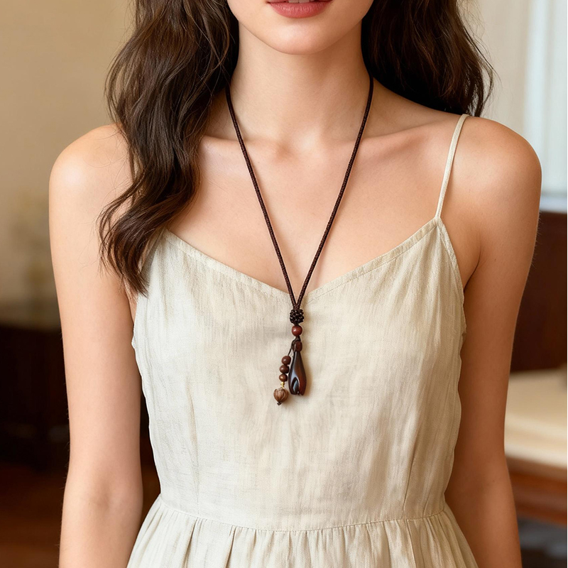 Wooden Magnolia Flower Pendant Braided Necklace - Image 8