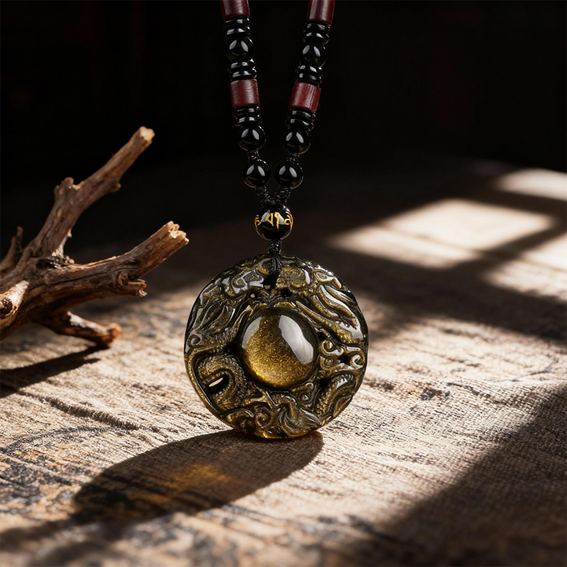 Golden Obsidian Double Dragon Pendant