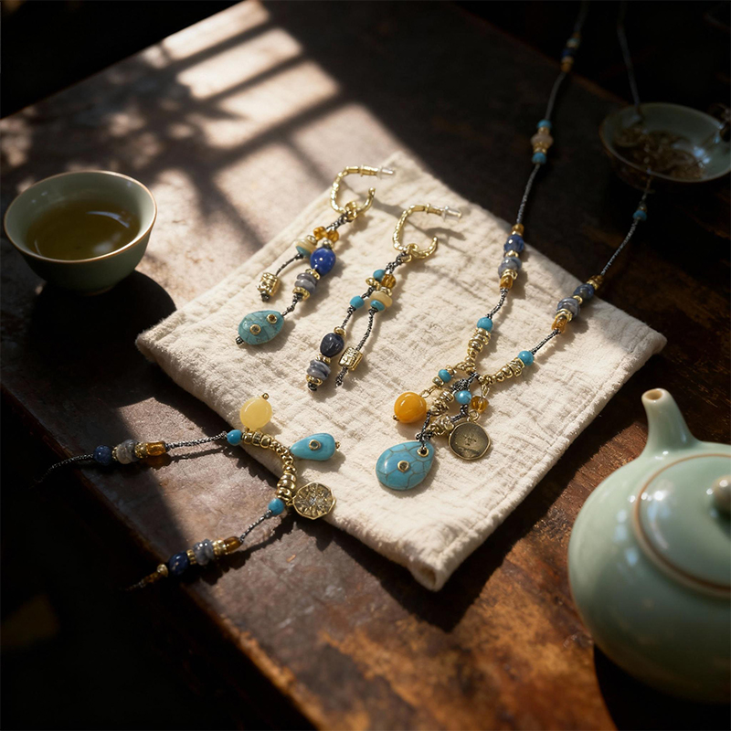 Ethnic - Style Tassel Turquoise Energy Balance Wood - Enhancing Jewelry Set