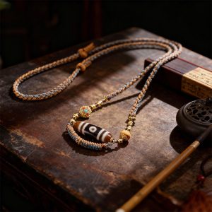Tibetan - Style Dzi Bead Necklace Hand - Braided Cotton Thread Style - Celestial Bead Pendant (Without Thangka)