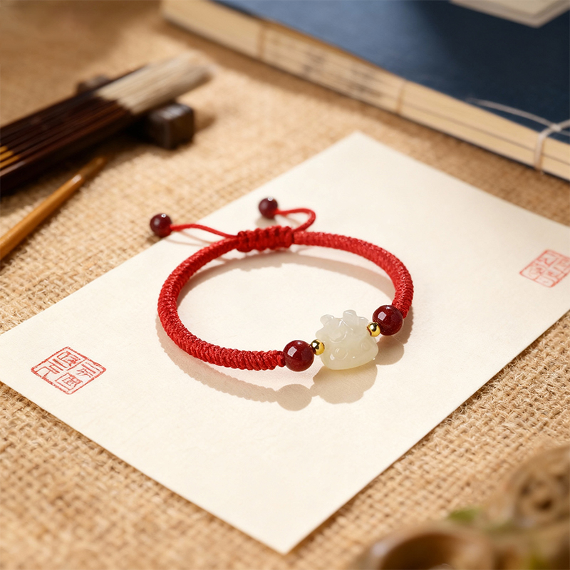 Red String Bracelet with Hetian Jade Zodiac Charm for Kids