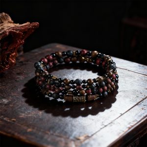 Obsidian & Volcanic Stone Beaded Bracelet - M Size ：Recommended wrist circumference approximately 6.30-6.69 inches