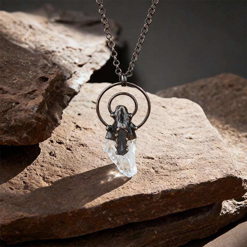 Natural Crystal Raw Stone Pendant with Artistic Metal Setting - Image 4