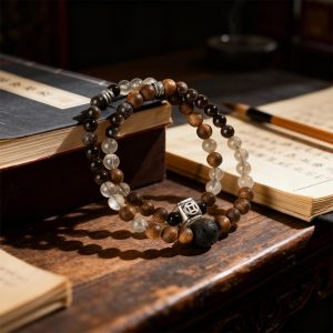 Lucky Blessing Black Silver Obsidian & Gray Moonstone Bracelet - Wrist Circumference approx. 6.3 inches