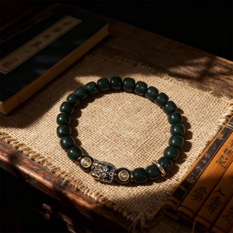 Dark Green Bodhi Bracelet with Metal Accents - Image 3