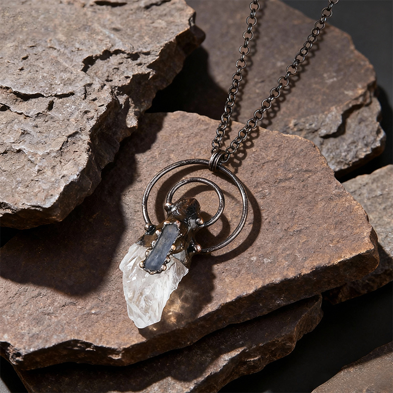 Natural Crystal Raw Stone Pendant with Artistic Metal Setting - Image 3