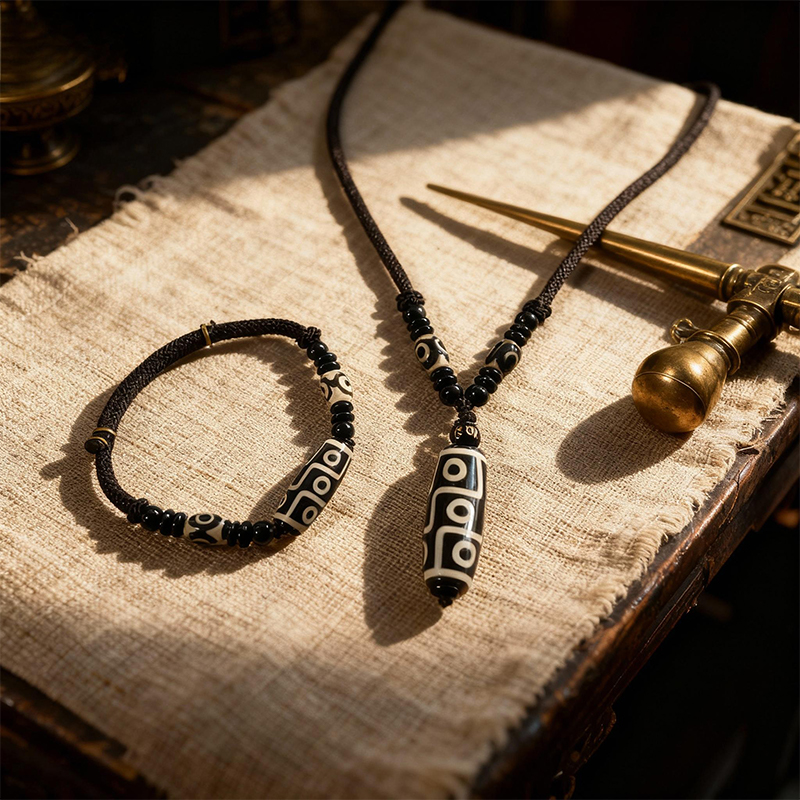 Agate Dzi Bead Bracelet & Pendant Set