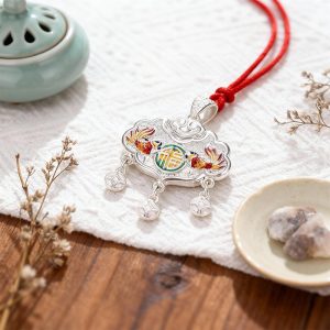 Baby Silver Longevity Lock Pendant with Koi Fish & Lotus Design