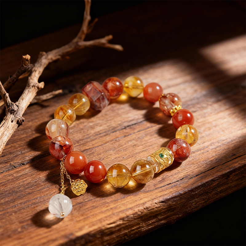 Natural Red Fireworks Quartz Multi-Treasure Crystal Bracelet with White Crystal & South Red Agate