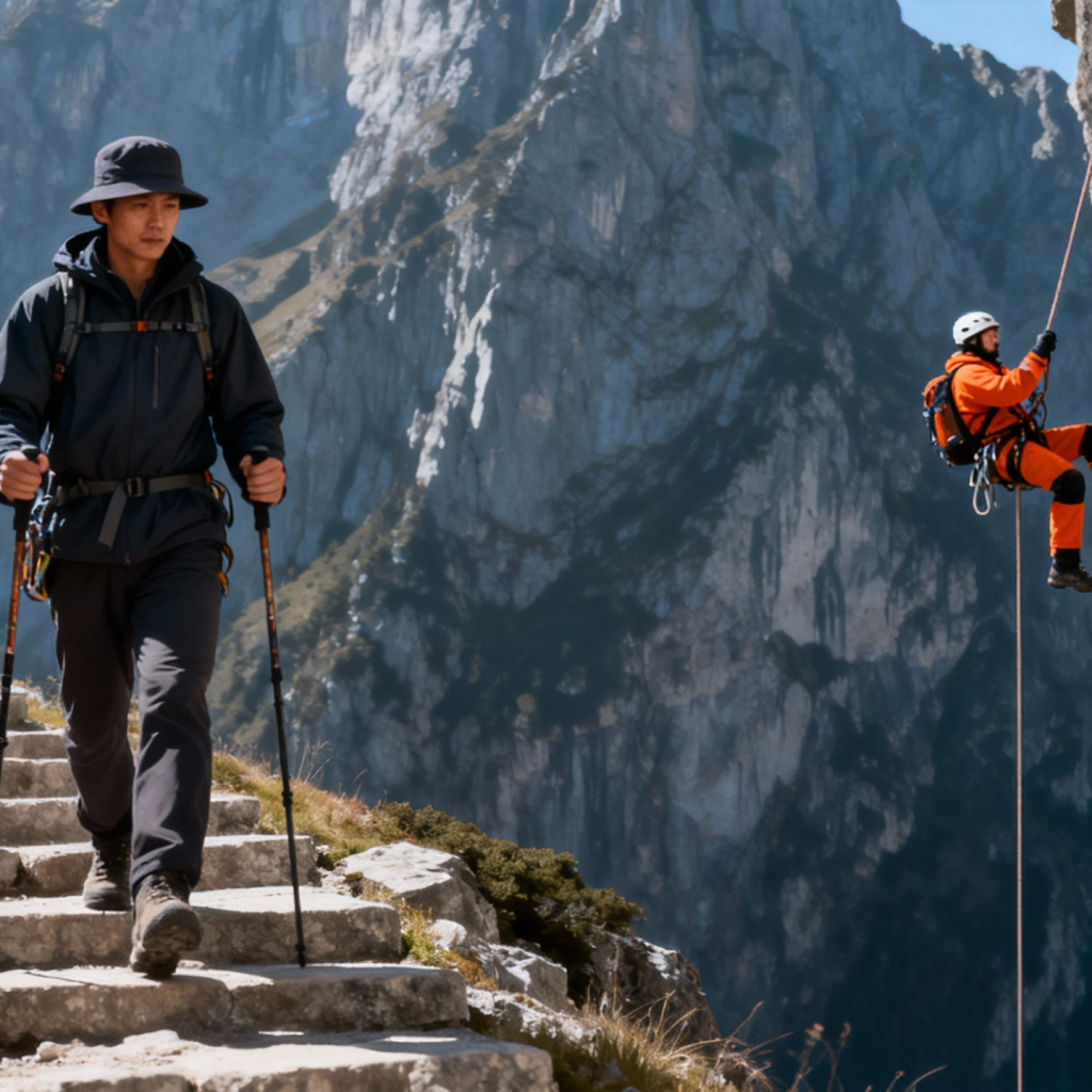 jimeng-2025-11-22-2307- 一张对比强烈的登山纪实摄影。在同一座巍峨的山体上，左侧一位登山者（正官）正稳健...