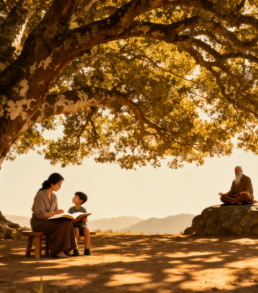 jimeng-2025-11-22-3694-一张广角自然摄影，一棵巨大的古树（象征印星）覆盖画面。树下左侧，一位母亲（正印）...