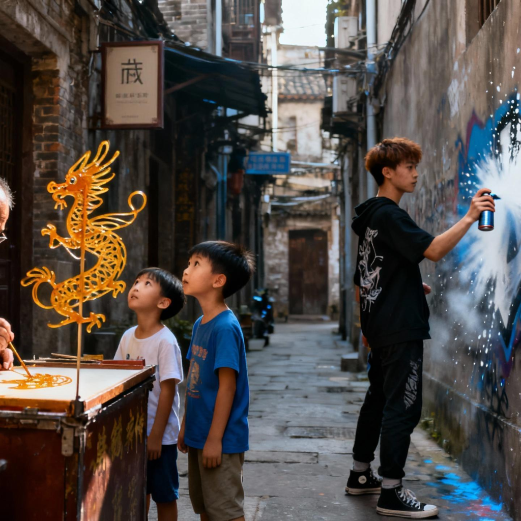 jimeng-2025-11-22-6223-一张街头纪实摄影。在一条古朴的巷子两端，左边是一位老师傅（食神）在摊位前全神贯注...